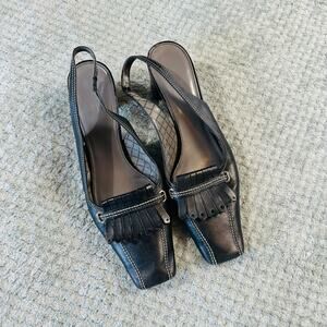 Vintage retro Y2K Black Leather Slingback Square Toe Tassle Kitten Heel 10